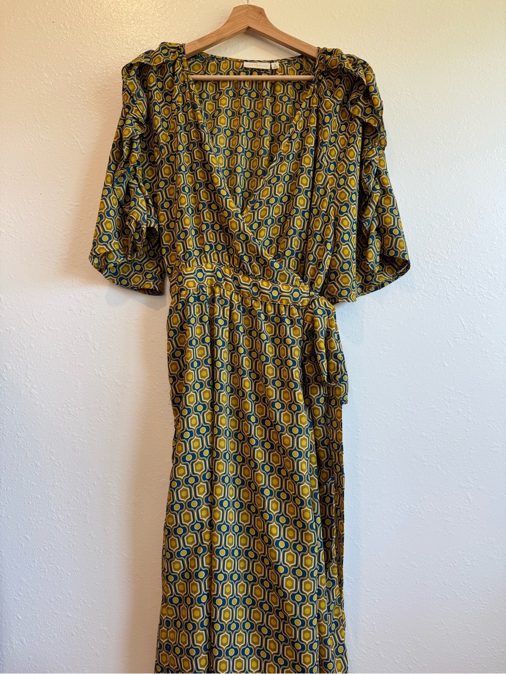 Happy x Nature Geometric Wrap Maxi Dress in Mustard and Teal, Size XL